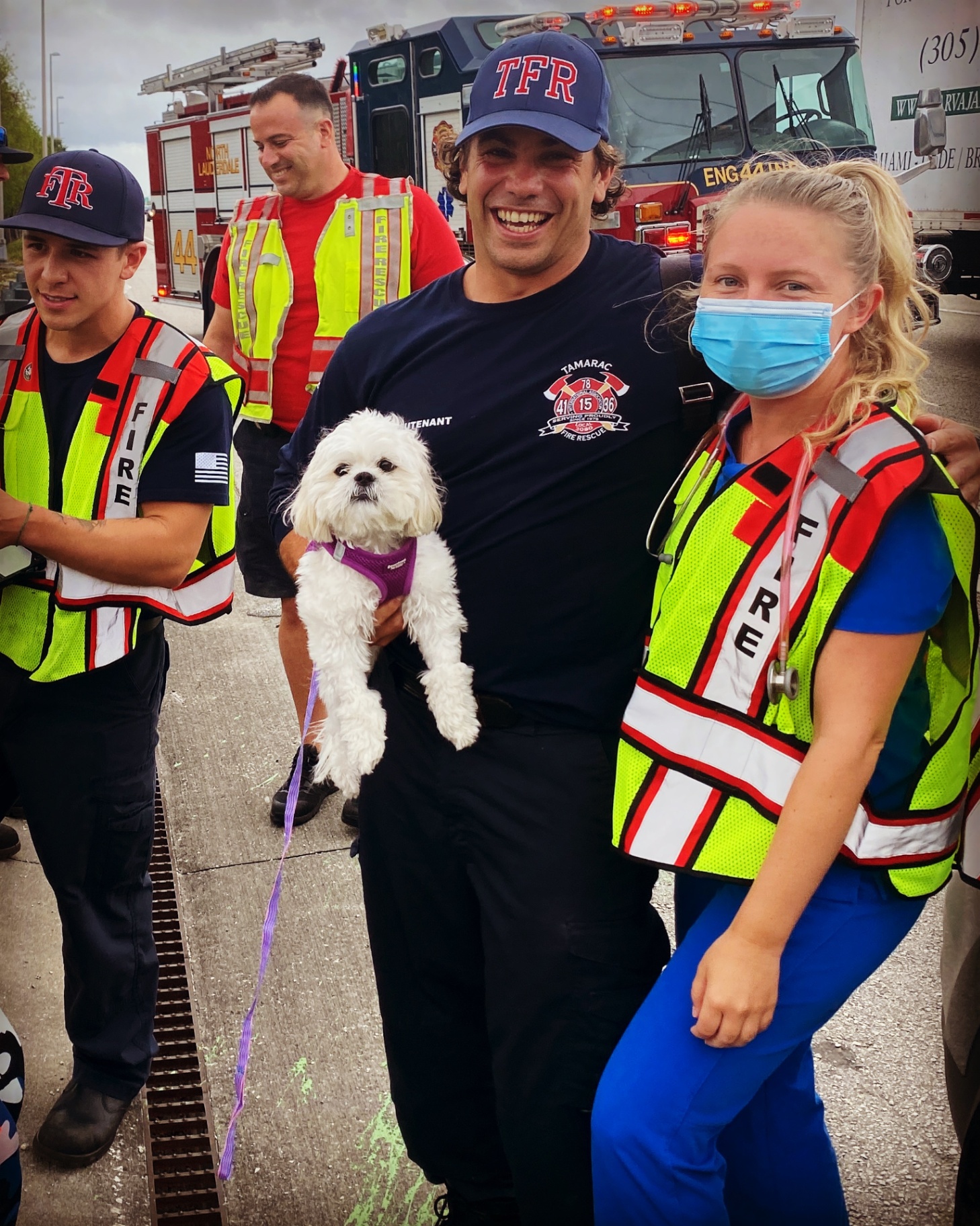Dr. Maria Saba on scene with Tamarac Fire Rescue after a roadside rescue