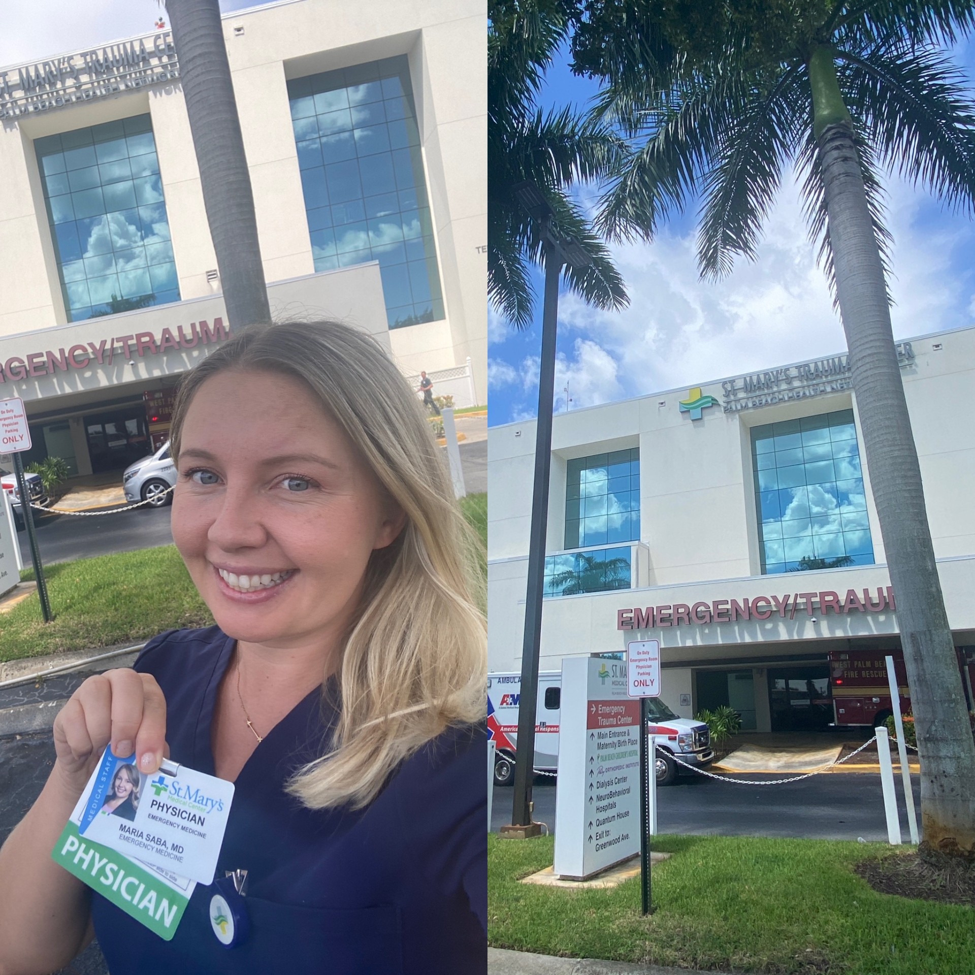 Dr. Maria Saba outside St. Mary's Medical Center Emergency/Trauma entrance with her physician badge